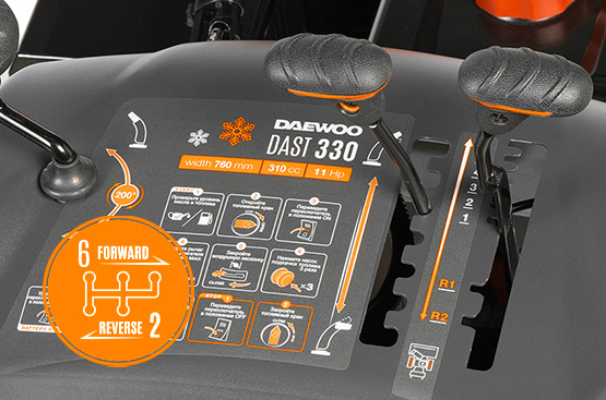 Система обеспечивает выбор скоростей: 6 скоростей вперед и 2 скорости назад, в зависимости от высоты снежного покрова. Простая и одновременно надежная система перемещения фрикционного диска для изменения скорости