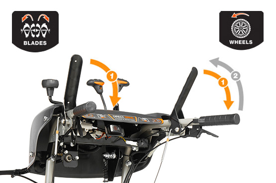 Нажатие 2-х рукояток управления приводит к их взаимной блокировке. Это позволяет управлять снегоуборщиком одной рукой, и одновременно изменять направление и дальность выброса снега без остановки работы.